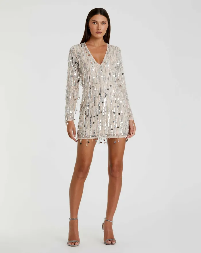 Women Silver Long Sleeve Beaded Fringe Plunge Neck Dress Nude Silver Cocktail Dresses Mac Duggal Women Silver Long Sleeve Beaded Fringe Plunge Neck Dress Nude Silver Cocktail Dresses Mac Duggal