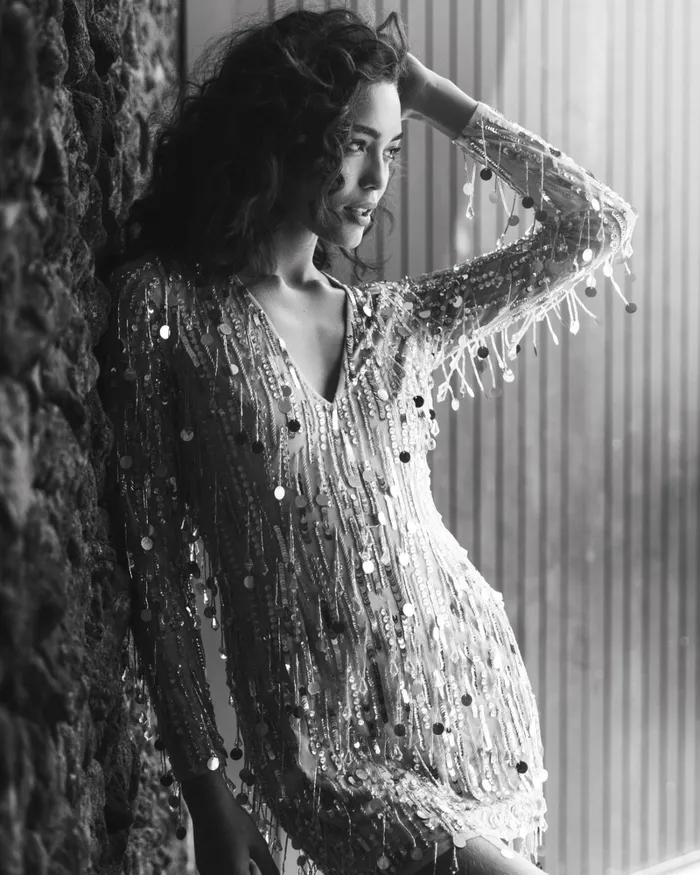 Women Silver Long Sleeve Beaded Fringe Plunge Neck Dress Nude Silver Cocktail Dresses Mac Duggal
