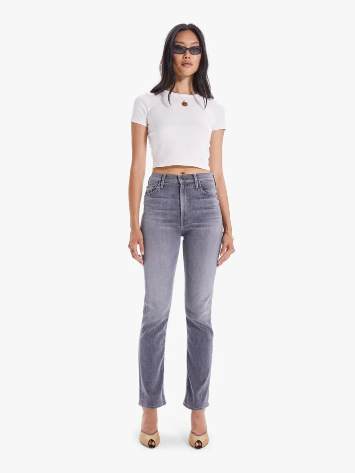 Women Straight Mother Denim High Waisted Rider Skimp Light Grey