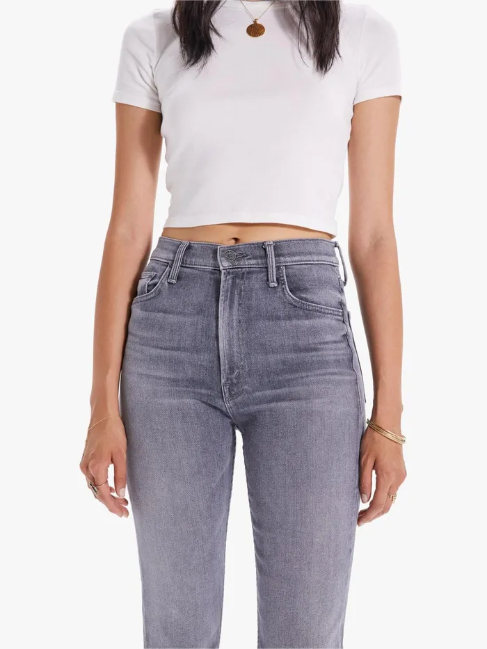Women Straight Mother Denim High Waisted Rider Skimp Light Grey