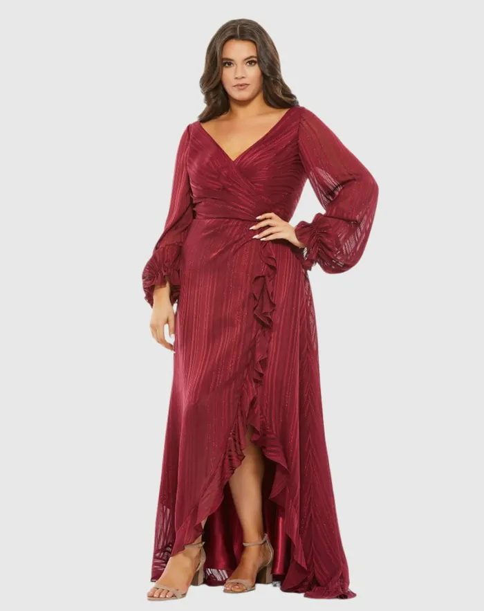 Women Striped Faux Wrap Bishop Sleeve Gown Burgundy Plus Size Dresses Mac Duggal Women Striped Faux Wrap Bishop Sleeve Gown Burgundy Plus Size Dresses Mac Duggal