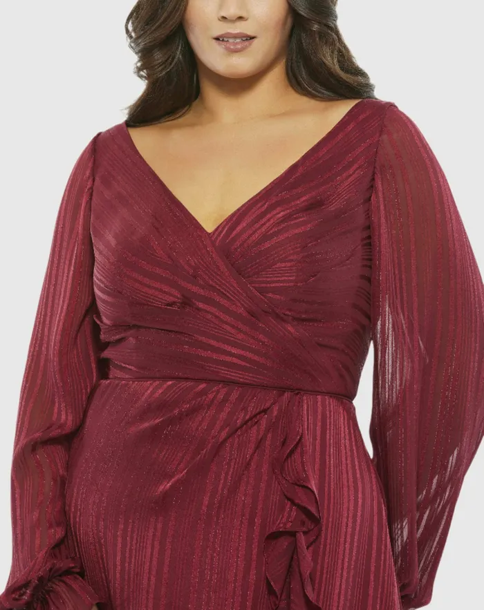 Women Striped Faux Wrap Bishop Sleeve Gown Burgundy Plus Size Dresses Mac Duggal