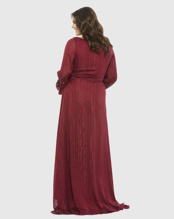 Women Striped Faux Wrap Bishop Sleeve Gown Burgundy Plus Size Dresses Mac Duggal