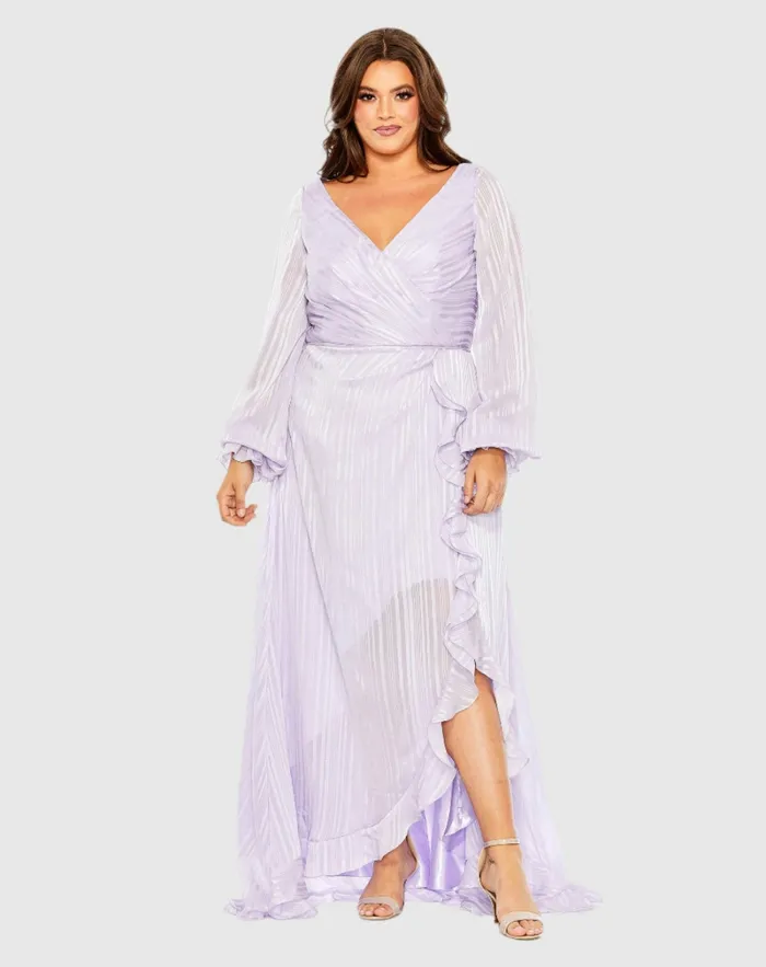 Women Striped Faux Wrap Bishop Sleeve Gown Burgundy Plus Size Dresses Mac Duggal
