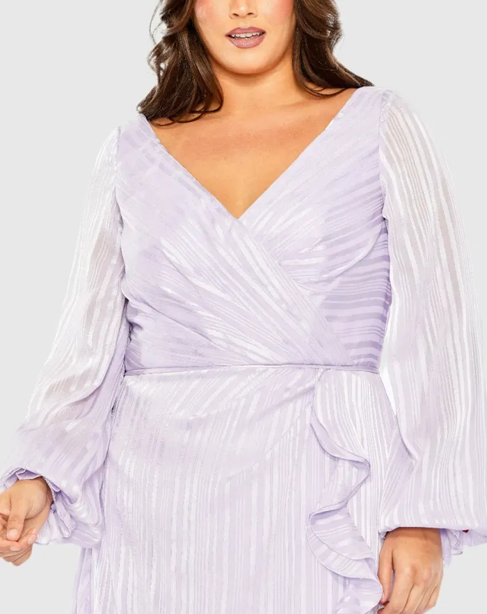 Women Striped Faux Wrap Bishop Sleeve Gown Burgundy Plus Size Dresses Mac Duggal