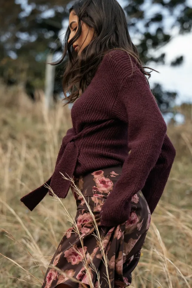 Women Sweaters Petal and Pup Ettie Wrap Side Tie Knit Sweater Burgundy