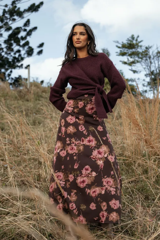 Women Sweaters Petal and Pup Ettie Wrap Side Tie Knit Sweater Burgundy