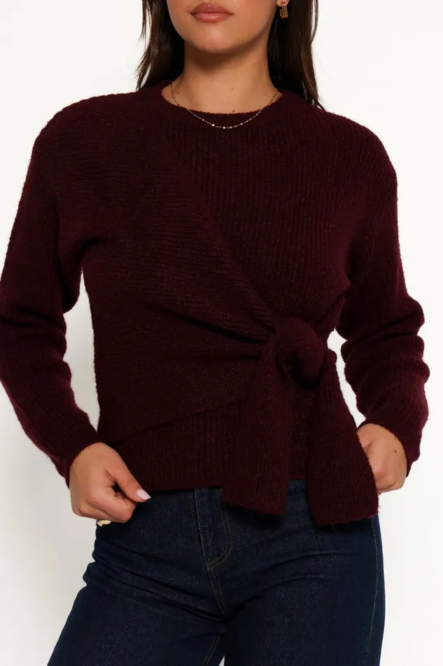 Women Sweaters Petal and Pup Ettie Wrap Side Tie Knit Sweater Burgundy