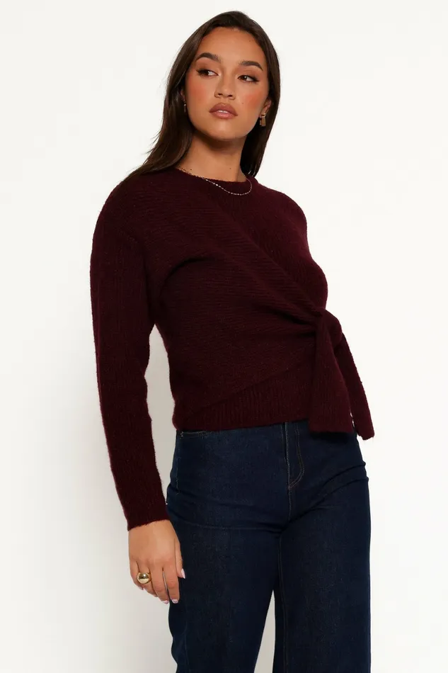 Women Sweaters Petal and Pup Ettie Wrap Side Tie Knit Sweater Burgundy