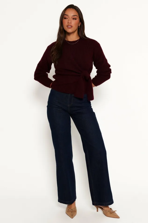 Women Sweaters Petal and Pup Ettie Wrap Side Tie Knit Sweater Burgundy