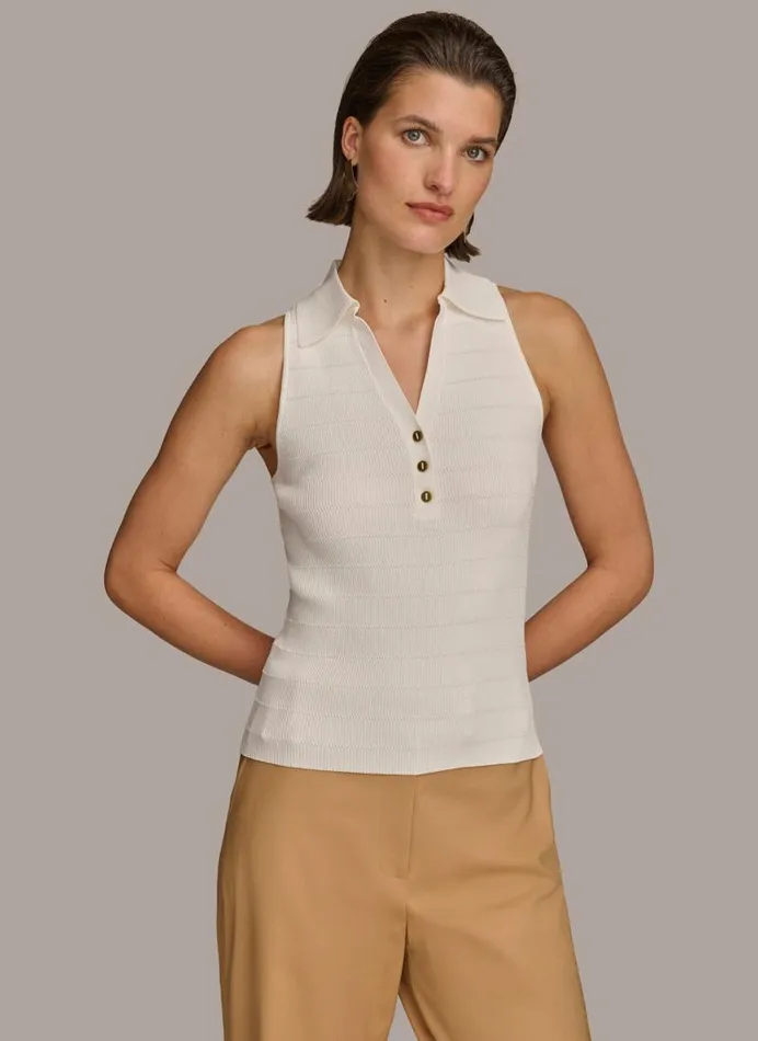 Women TEXTURE SWEATER WITH GOLD BUTTONS Cream Donna Karan New York Sweaters And Tops