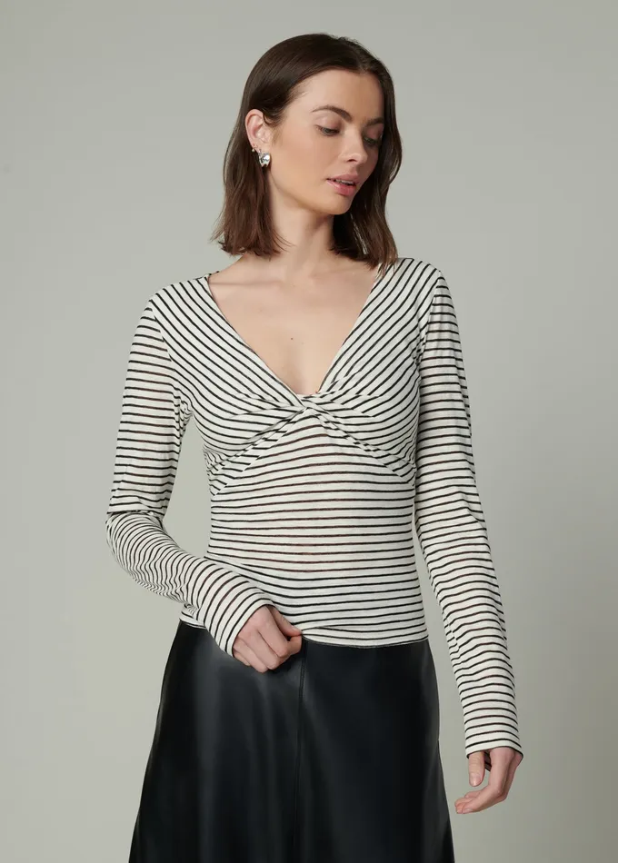 Women THE AVA STRIPE TWIST V NECK TOP Black White Stripe Tops Joe8217s Jeans