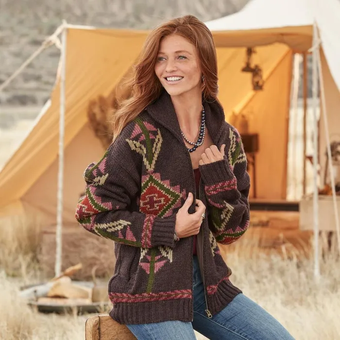 Women Thunderbird Heritage Cardigan Dark Brown Sundance Catalog Sweaters
