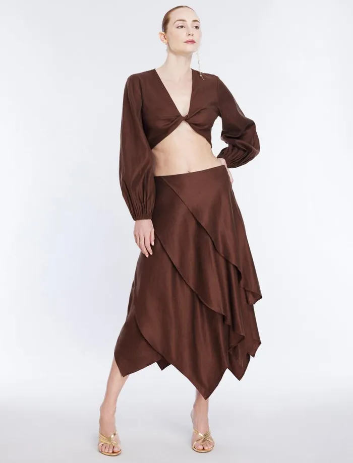 Women Tiered Asymmetrical Skirt Chocolate BCBG Bottoms Women Tiered Asymmetrical Skirt Chocolate BCBG Bottoms