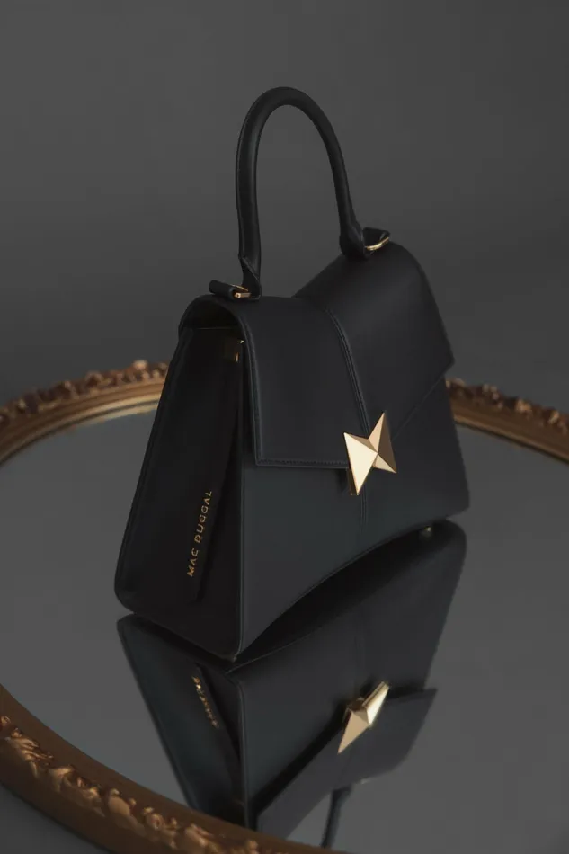 Women Top Handle Bags Mac Duggal Medium Angular Black Leather Handbag With Gold Hardware Black