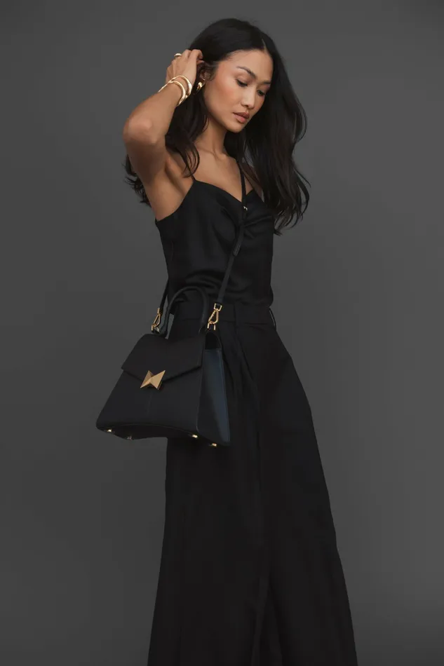 Women Top Handle Bags Mac Duggal Medium Angular Black Leather Handbag With Gold Hardware Black