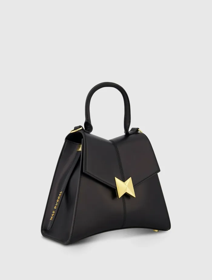 Women Top Handle Bags Mac Duggal Medium Angular Black Leather Handbag With Gold Hardware Black