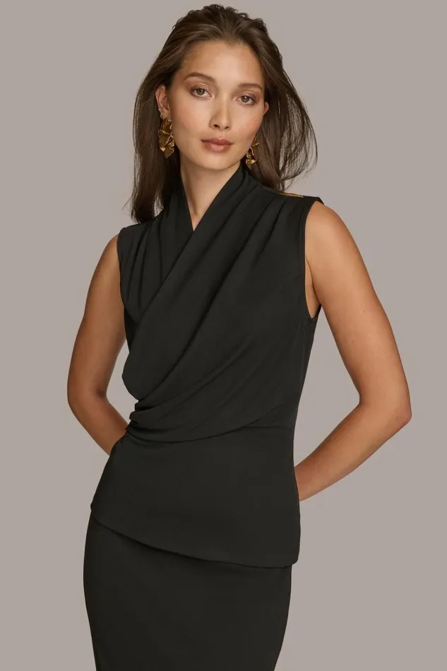 Women TOP WITH WIDE WRAP Black Donna Karan New York Sweaters And Tops