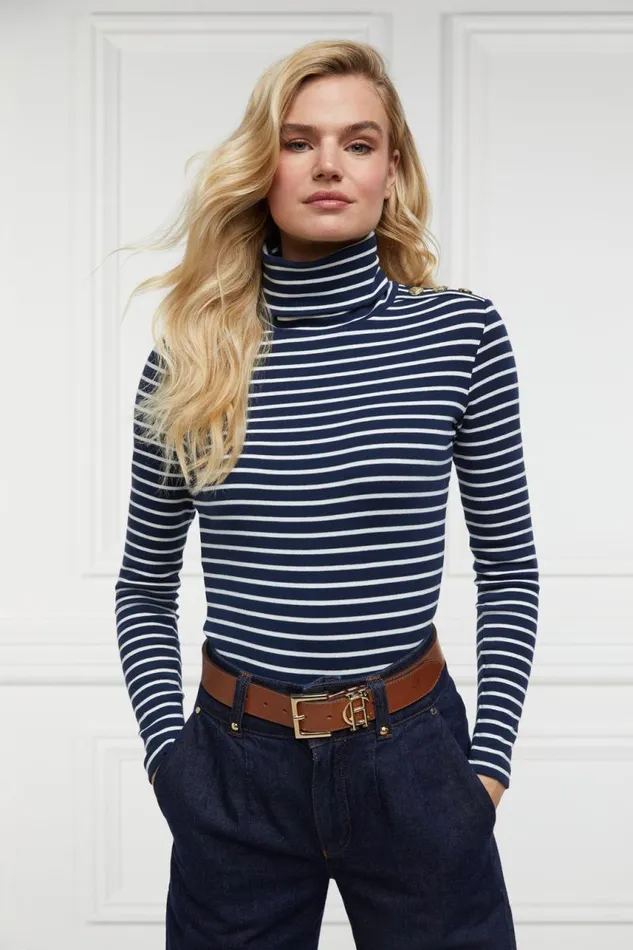 Women Tops Holland Cooper Padstow Roll Neck Ink Navy Natural Stripe