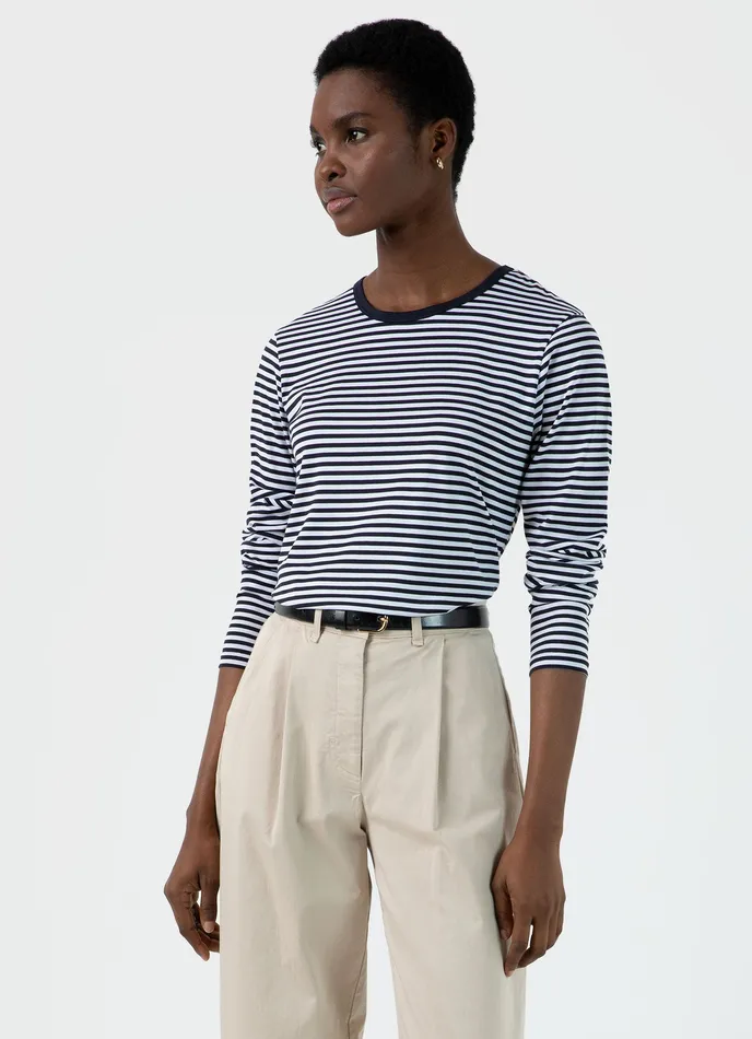 Women ussunspel Long Sleeve Classic Tshirt WhiteNavy Tshirts and Tops