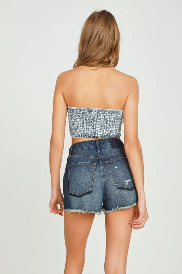 Women Vintage Havana Casual Tops Washed Denim Tie Front Bandeau Top Washed Denim