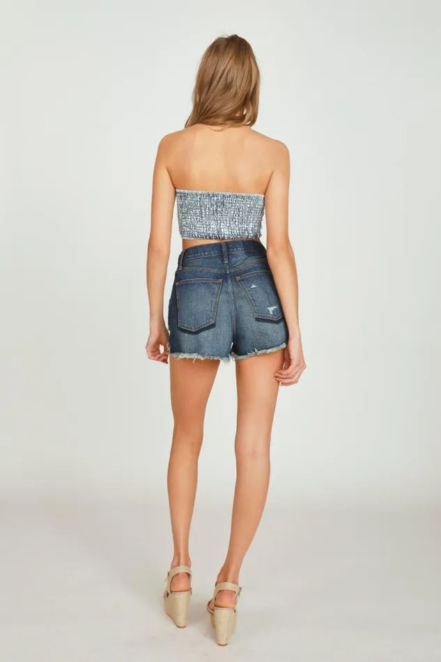 Women Vintage Havana Casual Tops Washed Denim Tie Front Bandeau Top Washed Denim