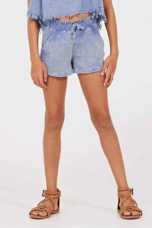 Women Vintage Havana Kids Bottoms Plush Blue Washed Texture Shorts Plush Blue