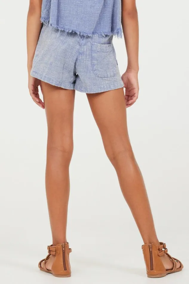 Women Vintage Havana Kids Bottoms Plush Blue Washed Texture Shorts Plush Blue