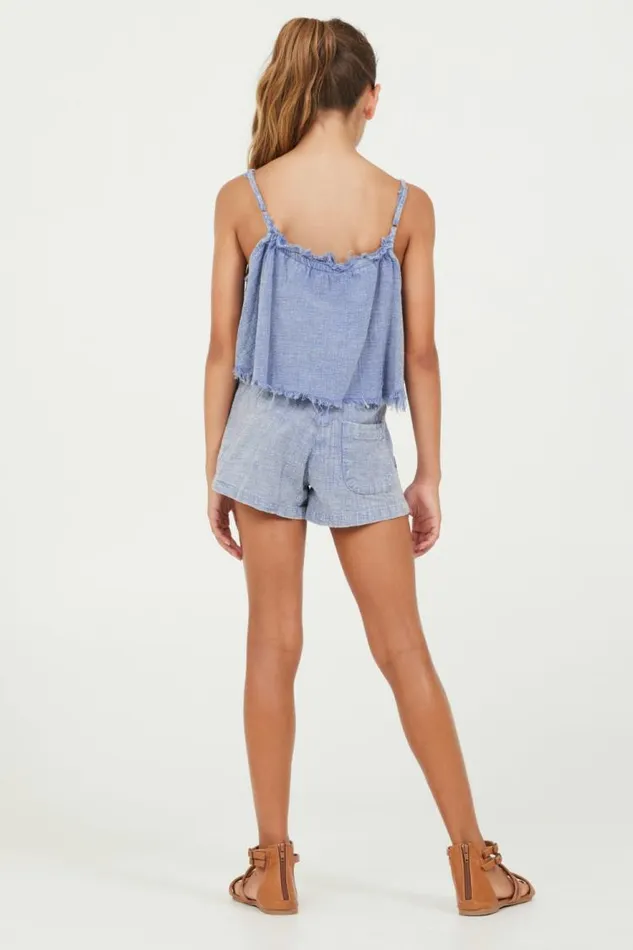 Women Vintage Havana Kids Bottoms Plush Blue Washed Texture Shorts Plush Blue