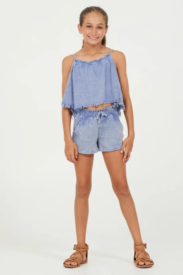 Women Vintage Havana Kids Bottoms Plush Blue Washed Texture Shorts Plush Blue