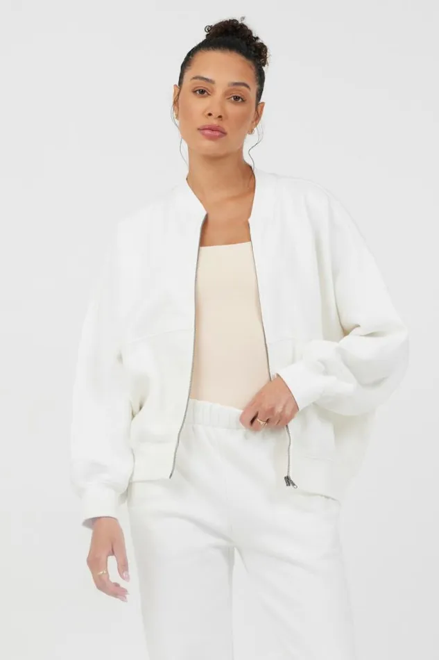 Women Vintage Havana Outerwear White Essential Fleece Zip Up Bomber White