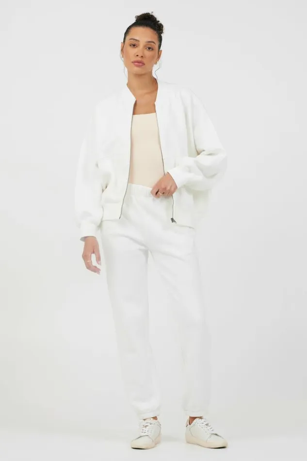 Women Vintage Havana Outerwear White Essential Fleece Zip Up Bomber White