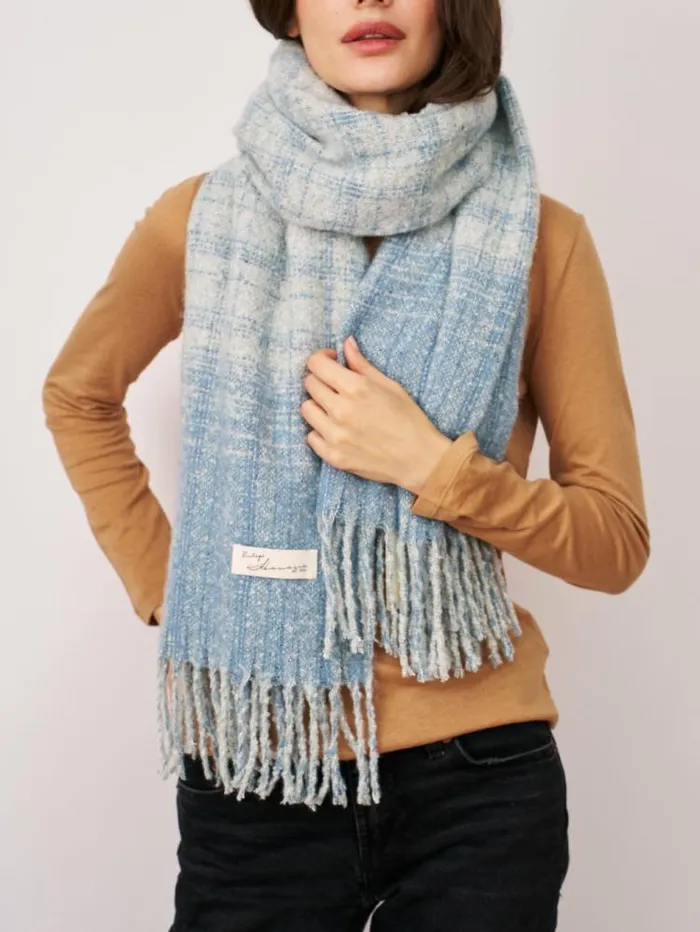 Women Vintage Havana Scarf Ruanas BOUCLE CHECK TASSEL SCARF 8211 BLUE Blue