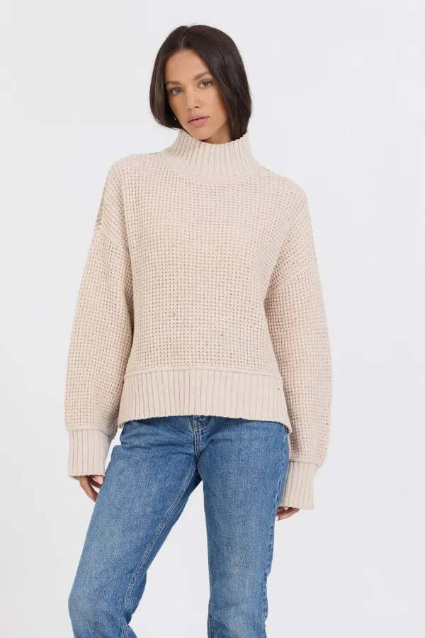 Women Vintage Havana Sweaters OatmealBrown Sugar Combo Mockneck Two Tone Sweater Oatmeal Brown Sugar