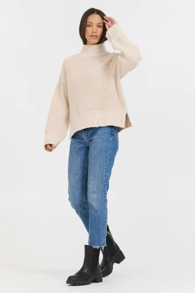 Women Vintage Havana Sweaters OatmealBrown Sugar Combo Mockneck Two Tone Sweater Oatmeal Brown Sugar