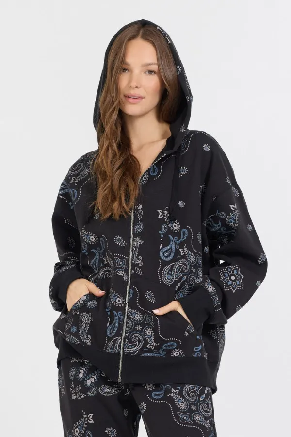Women Vintage Havana Sweatshirts Black Bandana Printed Fleece Oversized Zip Up Black