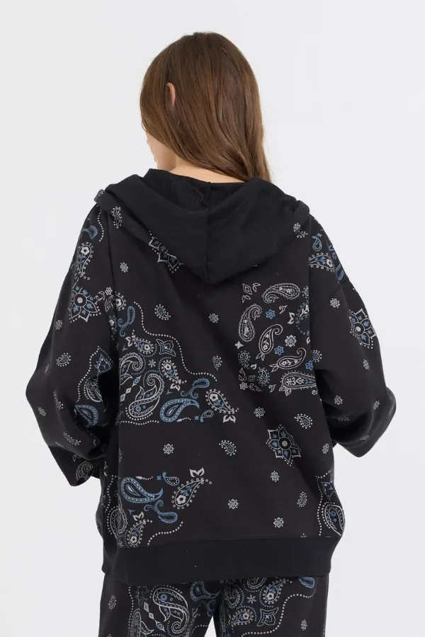 Women Vintage Havana Sweatshirts Black Bandana Printed Fleece Oversized Zip Up Black