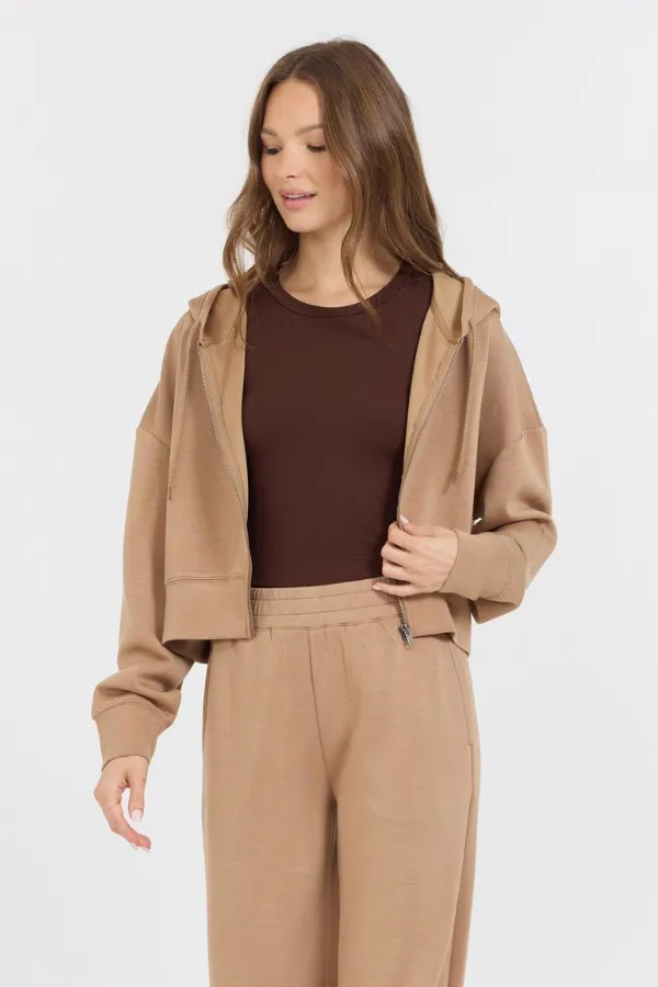 Women Vintage Havana Sweatshirts Caramel Cloud Fleece Crop Zip Up Caramel