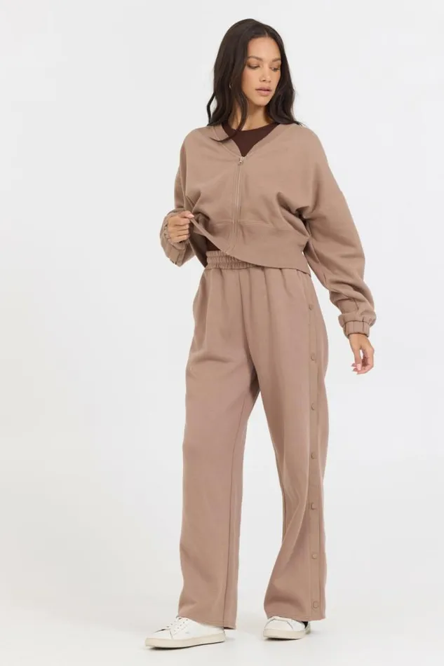 Women Vintage Havana Sweatshirts Caramel Latte Brushed Fleece Zip Up W Snap Sleeves Caramel