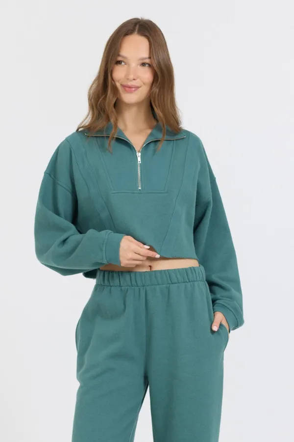 Women Vintage Havana Sweatshirts College Green Cotton Blend Fleece Quarter Zip Rib Neck Green Women Vintage Havana Sweatshirts College Green Cotton Blend Fleece Quarter Zip Rib Neck Green