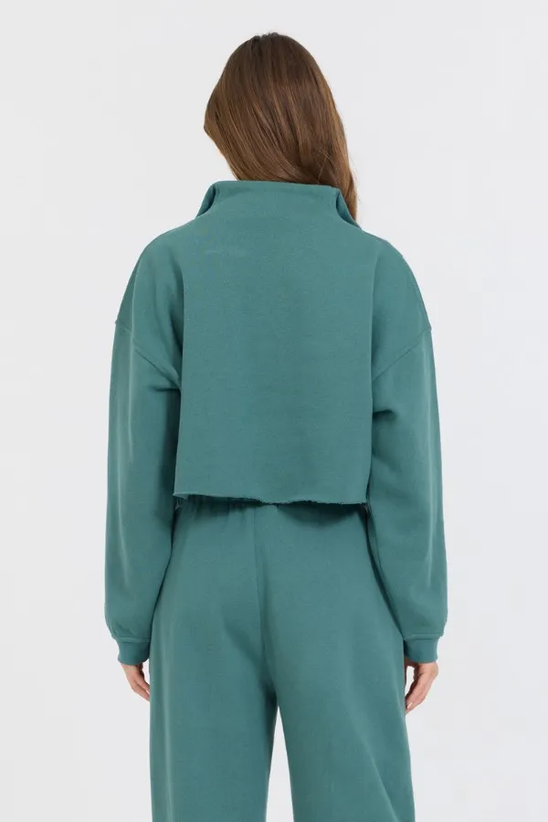 Women Vintage Havana Sweatshirts College Green Cotton Blend Fleece Quarter Zip Rib Neck Green