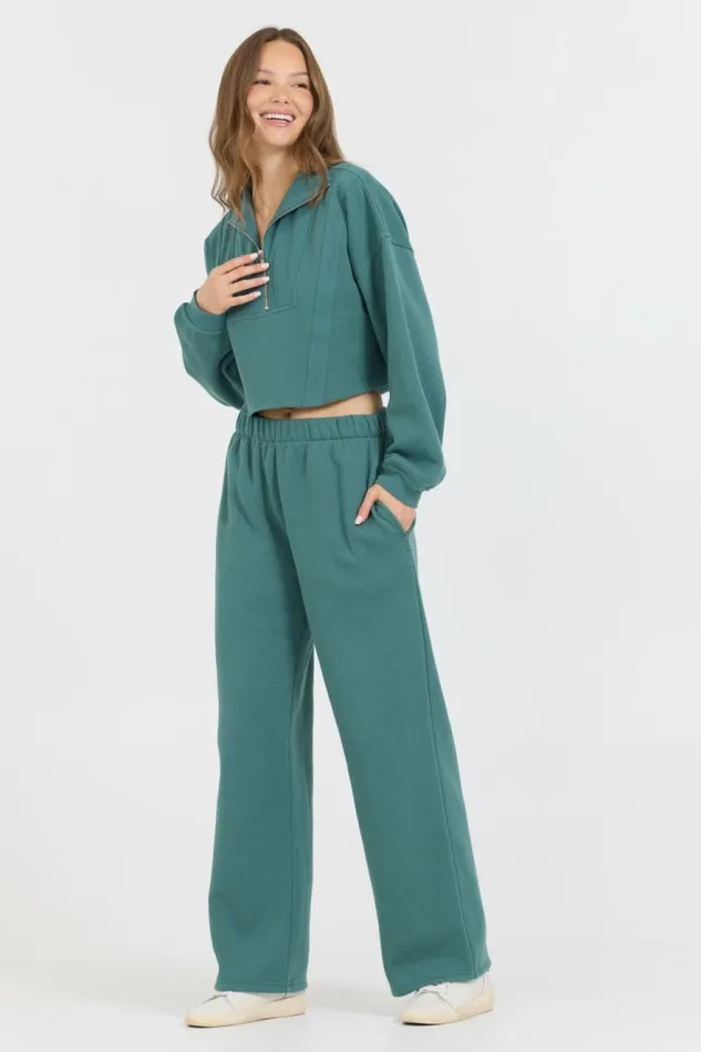 Women Vintage Havana Sweatshirts College Green Cotton Blend Fleece Quarter Zip Rib Neck Green