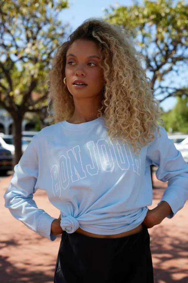 Women Vintage Havana Tees Sky Blue quotBonjourquot Pigment Dyed Long Sleeve Tee Sky Blue