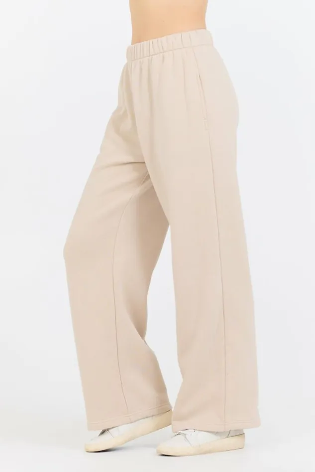 Women Vintage Havana Wide Leg Pants Vanilla Cream Cotton Blend Fleece Wide Leg Pant Cream