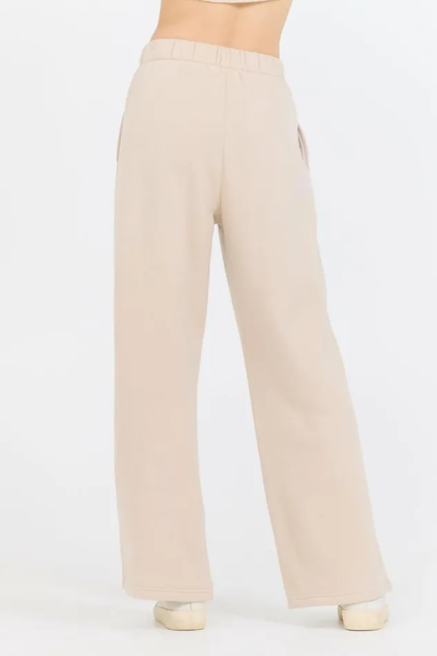 Women Vintage Havana Wide Leg Pants Vanilla Cream Cotton Blend Fleece Wide Leg Pant Cream