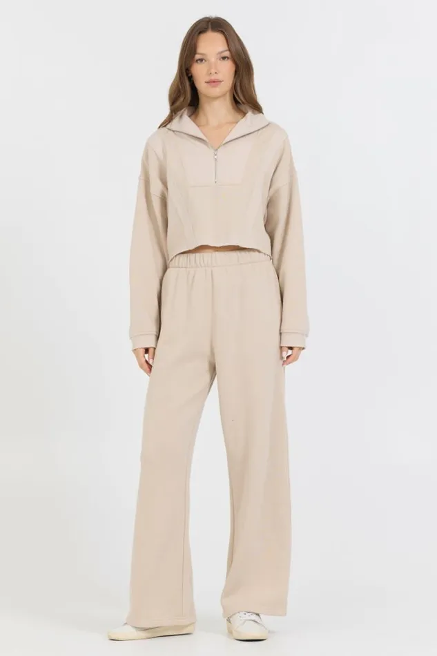 Women Vintage Havana Wide Leg Pants Vanilla Cream Cotton Blend Fleece Wide Leg Pant Cream