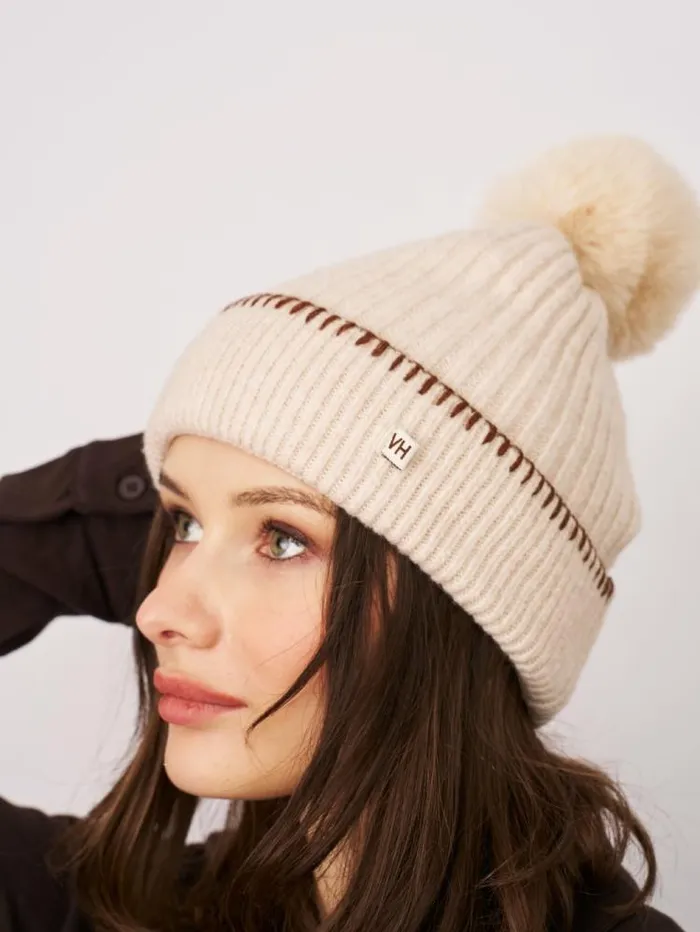 Women Vintage Havana Winter Hats RIBBED POMPOM BEANIE 8211 IVORYTAN Ivorytan