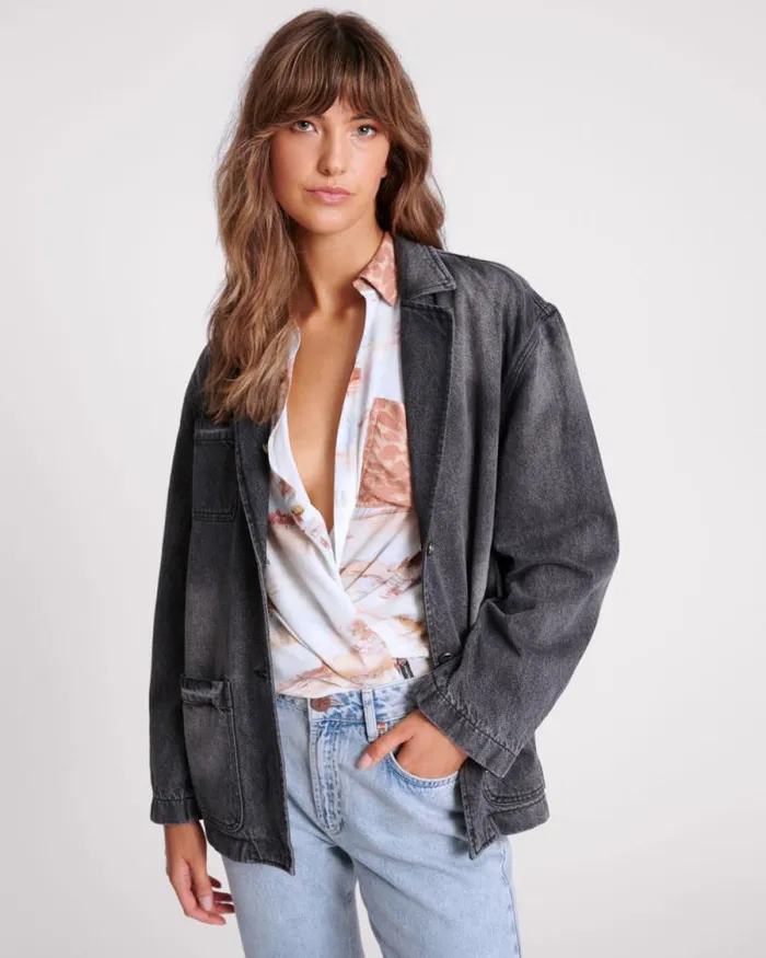 Women WORN BLACK DENIM BOYFRIEND BLAZER One Teaspoon Denim Jackets