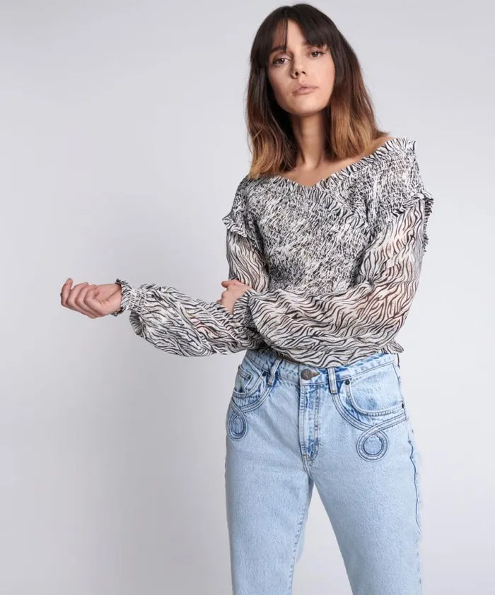 Women ZEBRA BARDOT CROSS OVER TOP One Teaspoon Tops