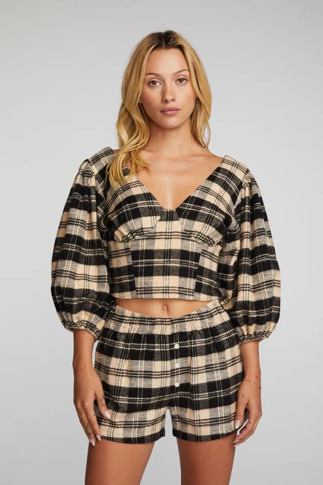 Womens Chaser Brand Tops Flannel Puff Sleeve Cropped Blouse